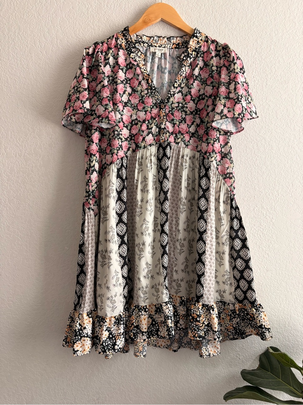 UMGEE Pink Floral Mixed Print Patchwork Tunic Dress Boho Ruffle Sleeve Top m
